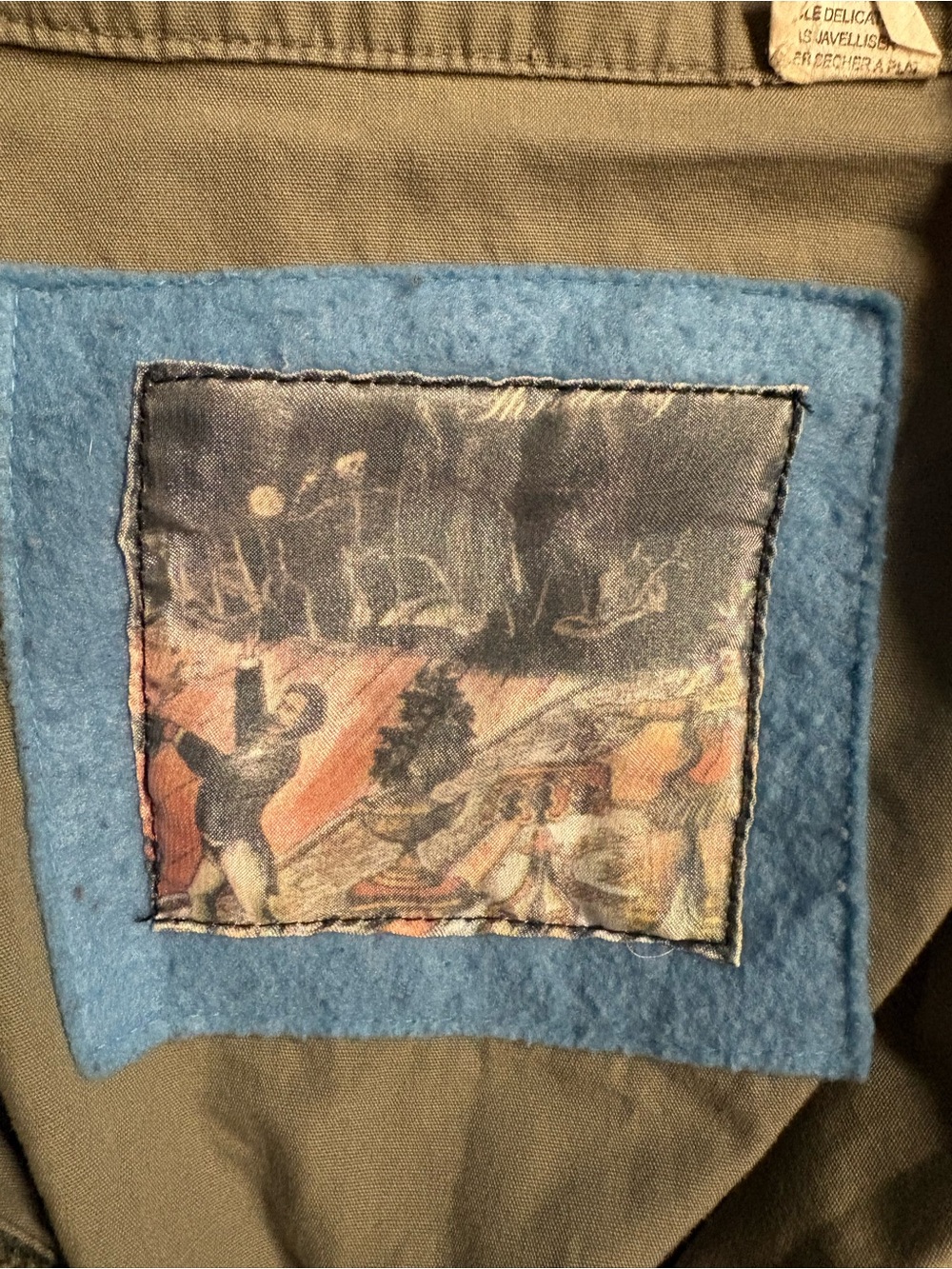 Women’s Tan Pea Coat with Blue Felt Patch
